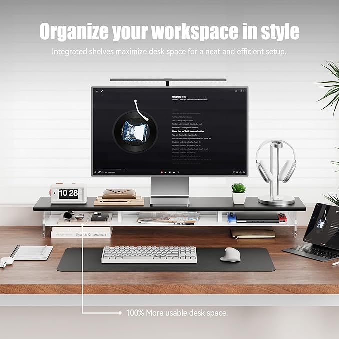 Dual‑Tier Monitor Stand for Modern Desk Setup – Minimalist Wooden and Metal Riser Shelf with Transparent Acrylic Feet for Dual Monitors, Laptops, Home Office Aesthetic，Black and White