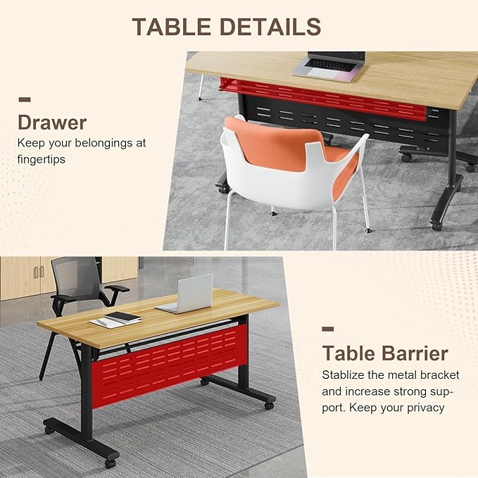 Folding Conference Room Table, Modern Conference Tables with Wheels, Large Rectangular Mobile Training Tables for Office Classroom, Foldable Modular Boardroom Seminar Table Maple (10pack L55.1in)