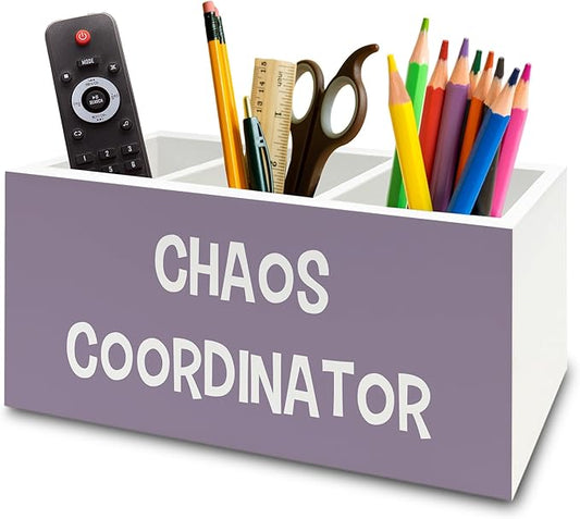 Chaos Coordinator Purple Pen Pencil Holder Organizer for Desk, Thank You Gifts for Women Men Coworkers Boss Leader Manager, Appreciation Gifts Wooden Box Sign for Office Tabletop Decorations