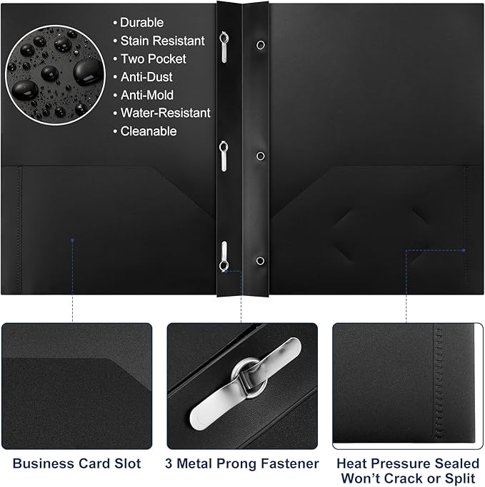 Patelai 48 Pcs Plastic Folders with 2 Pockets and 3 Prongs Home Folders with Card Slot Letter Size Heavy Duty Report Covers for Back to School(Navy Blue,Black,Classic)