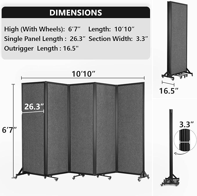 Room Partition,Folding Privacy Divider,Office Partition Dividers,Office Dividers Wall, 10'6"W x 6'7"H,Grey