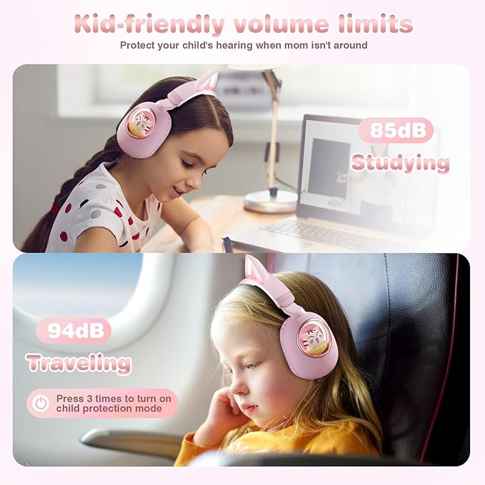 Pink Cat Ear Headphones for Kids, Cute Children Girl Wireless Bluetooth Headphones for School, Kindergarten Light up Kawaii Kitty Noise Cancelling Headphones for Kids Teens Child Airplane