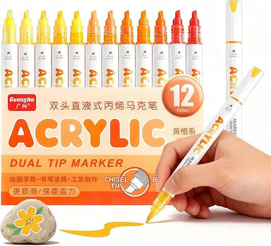 kander 12 Colors Dual Tip Acrylic Paint Markers, Yellow Orange Color — Extra Fine & Soft Brush Pen Set with Direct Ink Flow for Sketching, Detailing, Coloring on Wood, Canvas, Rock, Glass, DIY Crafts
