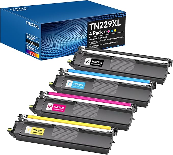 TN229XL Toner Cartridges High Yield MFC-L3720CDW MFC-L3780CDW Toner Compatible for Brother TN229XL TN229 Toner Cartridges for Brother HL-L3280CDW HL-L3220CDW HL-L3300CDW Printer(BK/C/M/Y,4 Pack)