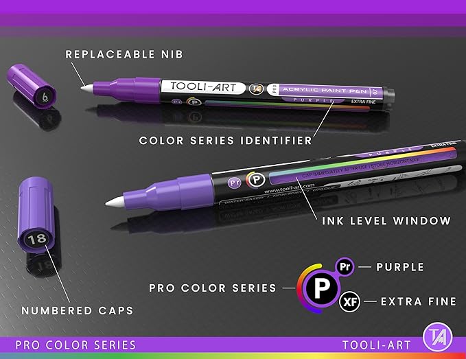 Acrylic Paint Pens 22 Purple Tones Assorted Pro Color Series Markers Set 0.7mm Extra Fine Tip for Rock Painting, Glass, Mugs, Wood, Metal, Canvas, Projects, Non Toxic, Waterbased, Quick Drying