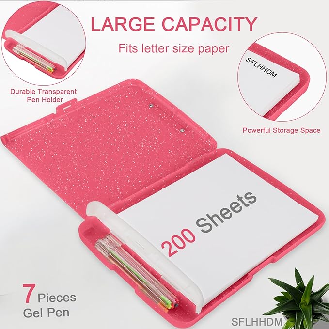Glitter Clipboard with Storage,Storage Clipboard with Pen Holder,A4 Binder Clip Boards 8.5x11 with Low Profile Clip,Side Opening Sparkle Clipboards,Clipboards Folder for Office Supplies-Rose Red