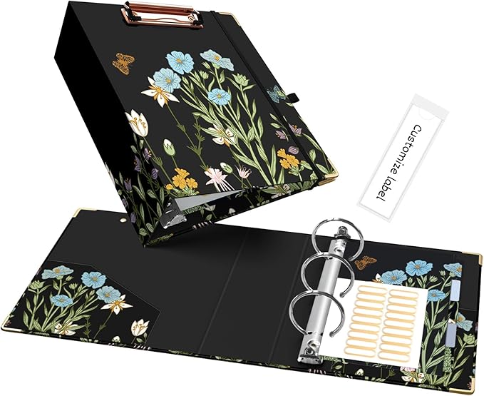 Ospelelf Small Three Ring Binder 2 Inch, Floral Round Ring Clipboard Binder with 5 Tab Dividers, File Folder Labels, for School and Office Supplies