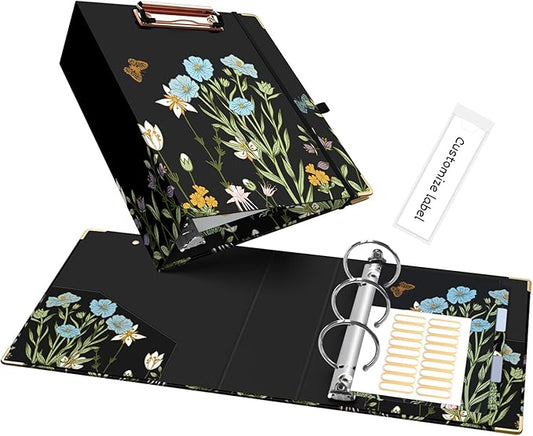 Ospelelf Small Three Ring Binder 2 Inch, Floral Round Ring Clipboard Binder with 5 Tab Dividers, File Folder Labels, for School and Office Supplies