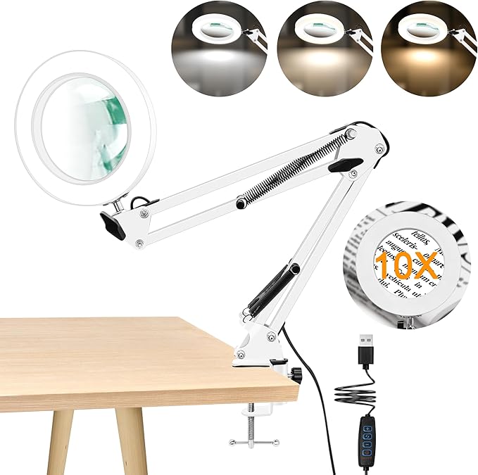 10X Magnifying Glass with Light and Clamp, 2-in-1 LED Magnifier Desk Lamp, 3 Color Modes 10 Level Dimmable, Hands-Free Lighted Magnifier for Craft Repair Nail Reading Close Works (White, Clamp)