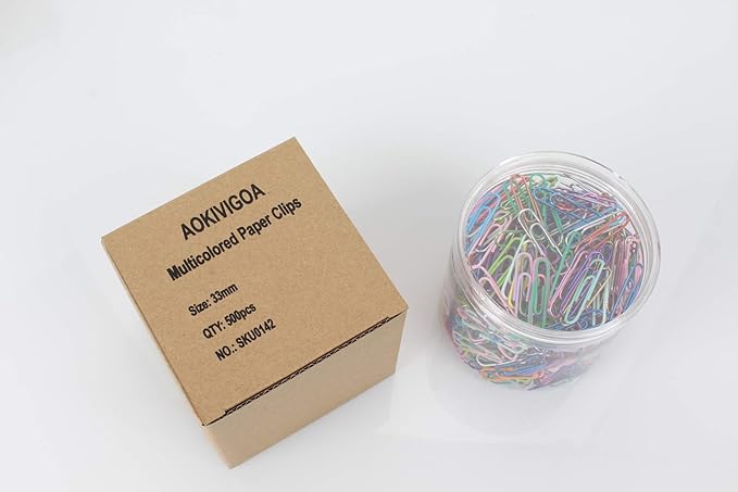 500pcs Coloured Paper Clips with Plastic Box of Paper Clips for Office Stationery 33mm 20 Colors Multicoloured I