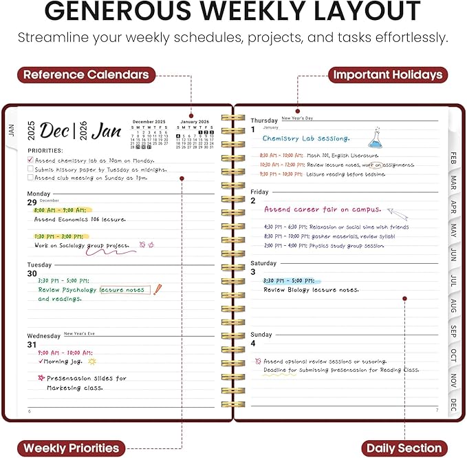 2026 Planner, Weekly and Monthly Calender Planner, Jan 2026 to Dec 2026, Hardcover 2026 Calendar Planner Book with Tabs & Inner Pocket, Office Home School Supplies for Women & Men - A5 (6.3" x 8.5"), Burgundy