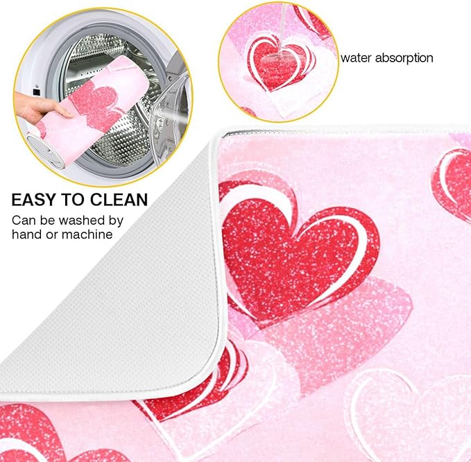 Mothers Valentines Day Hearts Dish Drying Mat 18 X 24 Inch Stars Romantic Red Pink Glitter Love Heart Dry Dishes Pads Drainer Mats Tableware Protector for Home Kitchen Countertops Counter Decorations