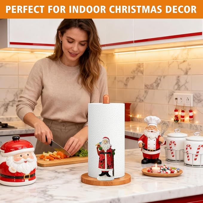 GAJ Christmas Decorations Paper Towel Holder Countertop, 3D Santa Claus Kitchen Counter Decor, Cute Resin Wooden Stand for Bathroom & Home Indoor Table, Winter Xmas Gift for Women, Housewarming Gifts