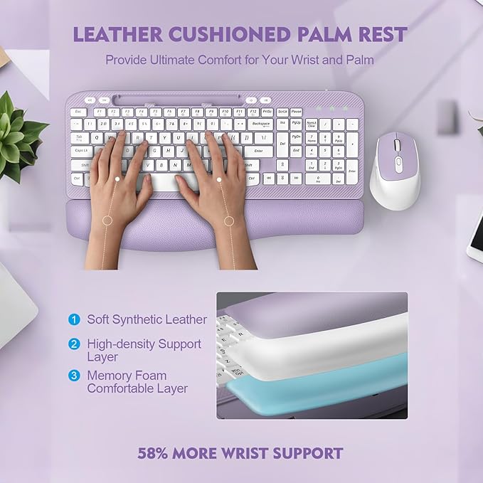 Wireless Keyboard and Mouse Combo, Wave Keys Full-Sized Ergonomic Keyboard with Cushioned Plam Rest, Phone Holder, Comfortable Natural Typing, 2.4G Cordless Set for Computer, Laptop, PC, Mac, Windows