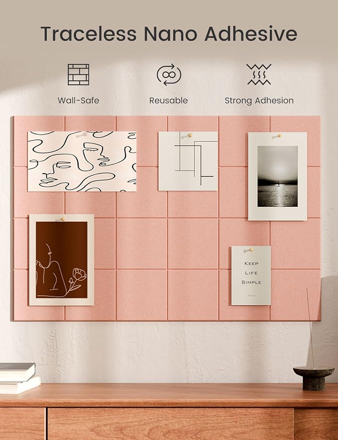 Bumusty Large Cork Board Alternative-36 x24 Felt Bulletin Board Tiles, with 30 Pushpins, 40 Adhesive Tabs, 6-Pack Slat Wall Paneling, Cork Boards for Office Push Pin Board Felt Board-Pink