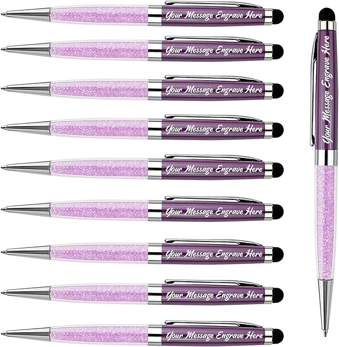 Ancolo Personalized Business Pens Beautiful Crystal-Custom Advertising Massage - Engraved Team Name, Phone Number, Slogan Perfect for Bank, Office, Hotel Lobbies - 10 Pens/Box (Purple)