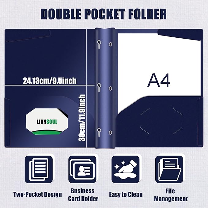 Pastel Plastic File Folders with Pockets and Prongs, 7 Pack, A4 Letter Size, Heavy Duty Waterproof Office Folders with Clear Front Cover for School, Home, and Office (Blue)