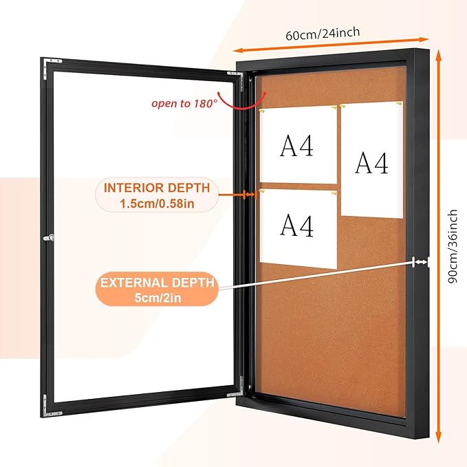 Enclosed Bulletin Board Outdoor Noticeboard with Locking Door, Weather-Resistant, Cork, Black Aluminum Frame, 36 x 24 in