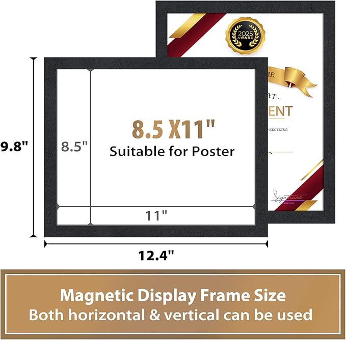 8.5"x11" Magnetic Sign Holder, Double Sided Window Self-Adhesive Frame, Transparent PVC and Strong Magnetic Display Frame for Home/Office/Poster/Certificate/Child Artwork Display (Black,6Pack)