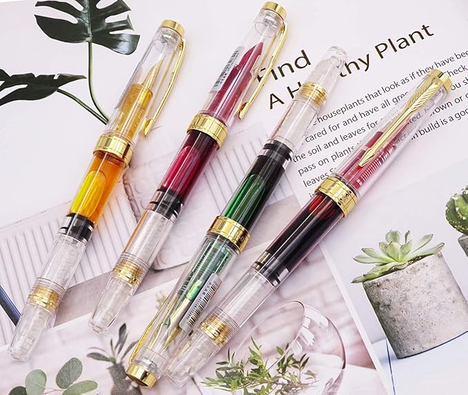 Lanxivi Yongsheng 3011 Demonstrator Clear Classical Fountain Pen Fine Nib Arrow Clip, Piston Filling System, Gold Trim, Set of 4 Pieces in transparent Color