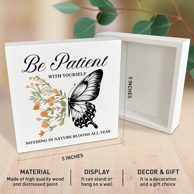 Therapy Office Desk Wooden Box Sign Decor, Mental Health Wood Box Sign Decorations for School Psychologist Therapy Office, Gifts for Therapist Psychologist School Counselor, Be Patient with Yourself