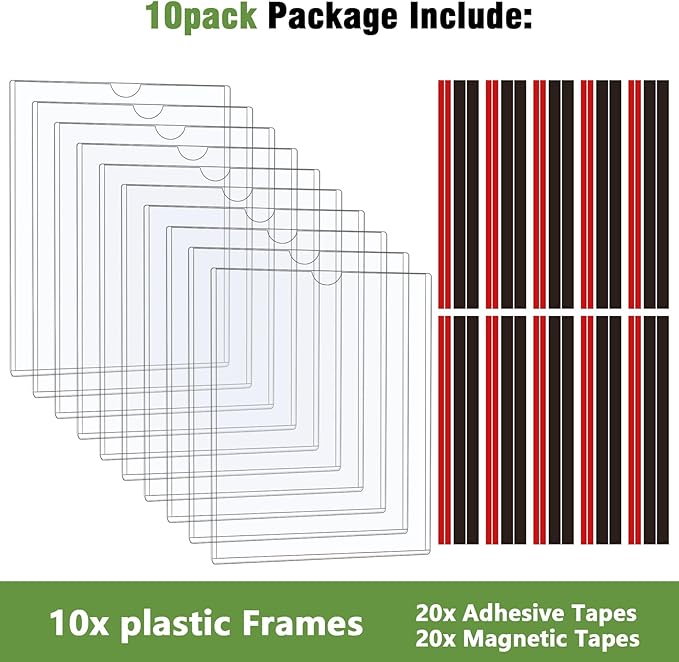 10 Pcs Wall Sign Holder 8.5"x11" Magnetic Sign Holder, Rigid Print Protectors with Adhesive & Magnetic Tapes, Wall Mount Plastic Paper Holder for Office Store Home Window Display (Clear)