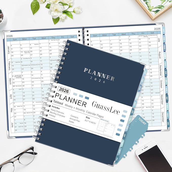GuassLee Large 2026 Planner, Weekly and Monthly Planner from January 2026-December 2026, 8.5"x 11" Calendar Agenda Book with Back Pocket, Stickers for Home Office School Supplies, Navy Blue