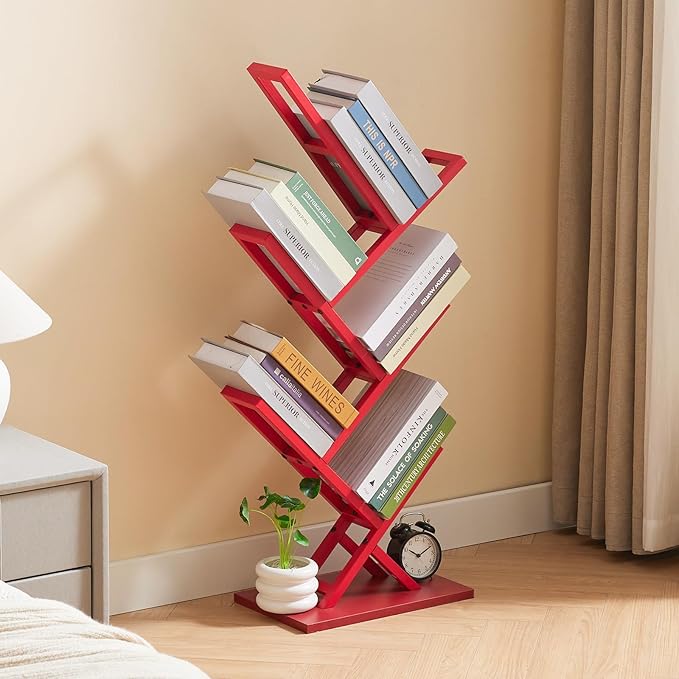 5 Tier Tree Bookshelf, Floor Standing Bookshelf for Narrow Space,Storage Organizer Bookshelves for Books/CDs/Magazine, Bookcase with Shelves for Home Office, Living Room-Red