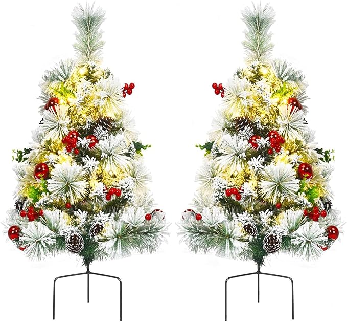 HAPPYGRILL Outdoor Pathway Christmas Tree Set of 2, Pre-Lit Snow Flocked Xmas Trees with LED Lights, 8 Light Modes, 29 inch Battery Powered Porch Christmas Trees for Holiday Decoration