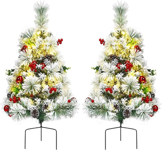 HAPPYGRILL Outdoor Pathway Christmas Tree Set of 2, Pre-Lit Snow Flocked Xmas Trees with LED Lights, 8 Light Modes, 29 inch Battery Powered Porch Christmas Trees for Holiday Decoration