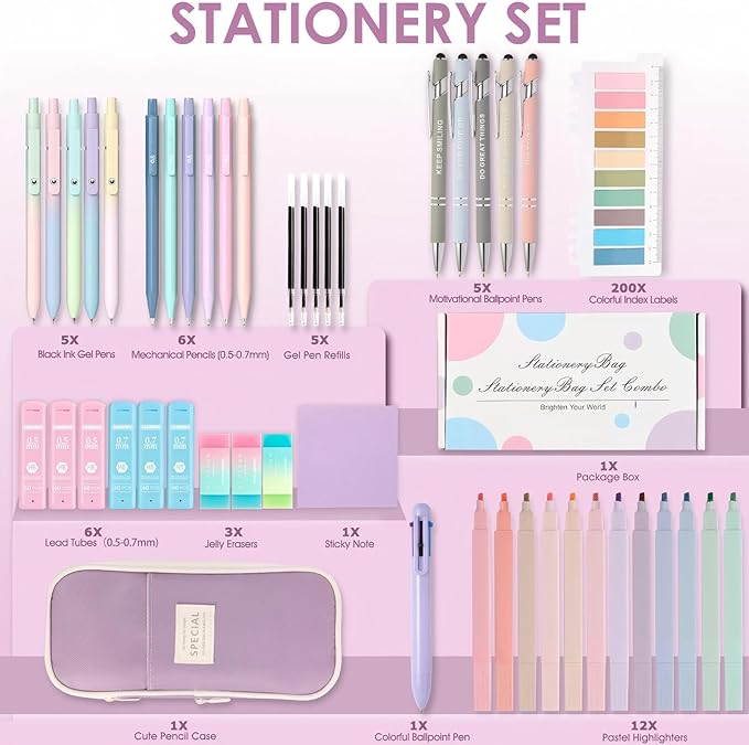 56PCS Aesthetic School Supplies Cute Stationary Set with Large Pencil Case, Stylus Ballpoint Pens, Highlighters, Gradient 0.7mm Gel Pens,Mechanical Pencils 0.5-0.7mm, College Student Essential(purple)