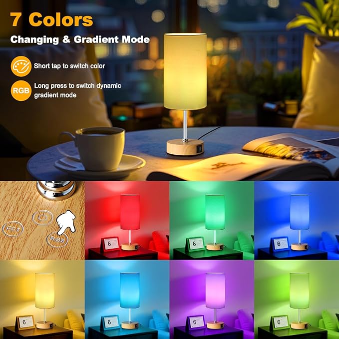 Unicozin Small Table Lamp, 3CCT & 7 RGB Color Changing, Dimmable Nightstand Lamp with Wood Grain Base, Touch Bedsides Lamp for Bedroom, Office, Kids Room, Nursery, Party, White Shade