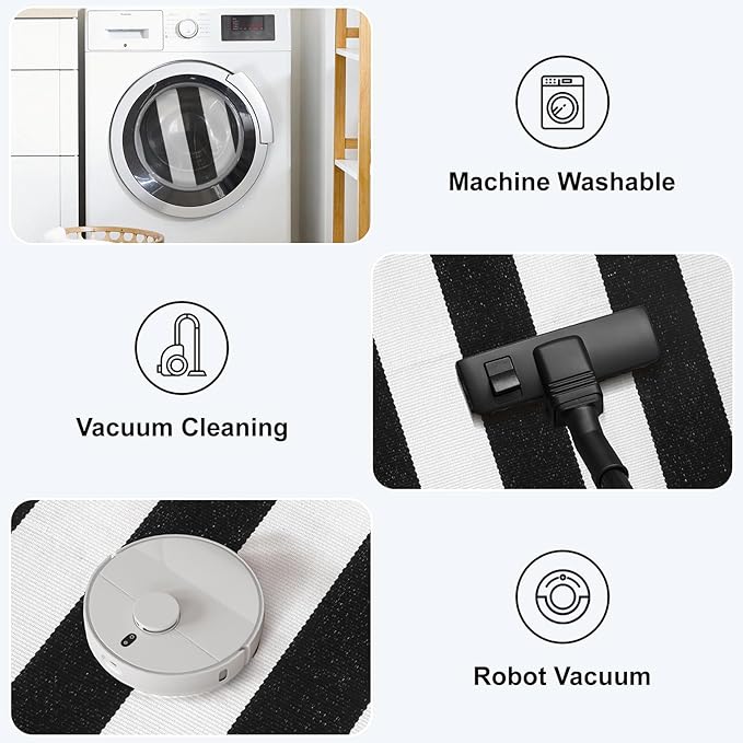 Black and White Striped Rug 5' 7" x 7' 7" Washable Large Patio Rug Cotton Hand Woven Indoor Outdoor Rug for Porch Backyard Dining Room Entryway Halloween Autumn Decorations