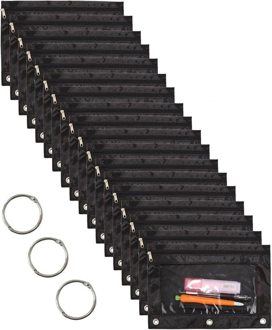 18-Packs 3 Ring Pencil Pouch with Clear Window School Classroom Binder Pocket Case Office Stationery Bag Black