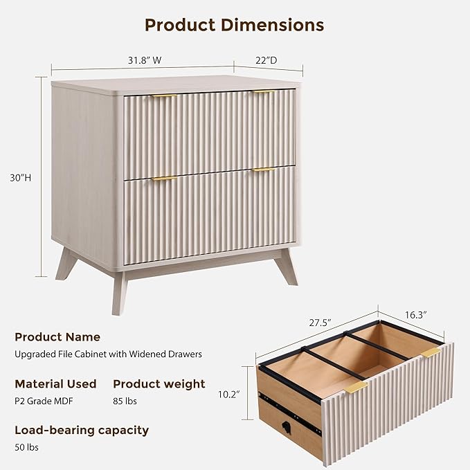 T4TREAM 2 Drawer File Cabinet, 31.8" W Fluted Lateral File Cabinet w/Files Hanging Rod for Letter/Legal/A4, Large Tabletop for Printer, Office Wood Printer Cabinets, Alder White (Gen 2)