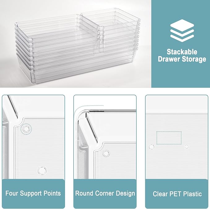 12 Pack Large Clear Plastic Drawer Organizer Trays, Desk Drawer Organizers and Storage Dividers, Non-Slip Storage Bins for Jewelry, Snacks, Office, Bathroom, Bedroom and Kitchen