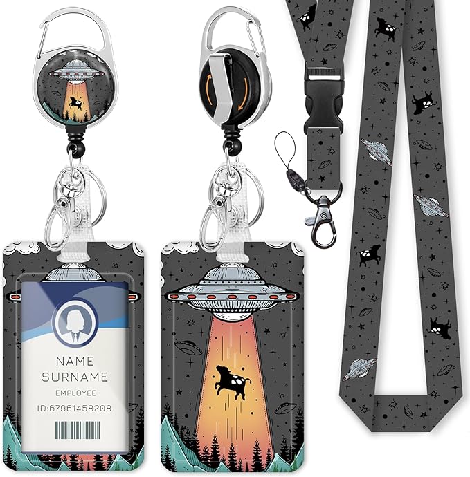 Gctriki Lanyards for ID Badges and Keys, Funny Badge Reel Retractable Heavy Duty with 360° Swivel Carabiner Clip, Funny Art UFO ID Badge Holder with Breakaway Lanyard, Teacher Nurse Office Gifts