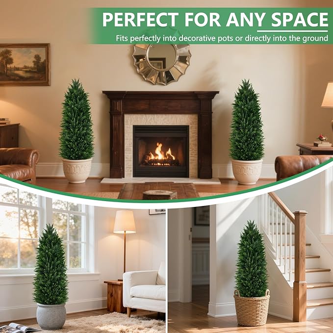 2Pack Artificial Topiary Cedar Trees, 4FT Artificial Cedar Pine Tree Potted UV Rated Plant Fake Plants Tall Artificial Plants Shrubs for Indoors Outdoors