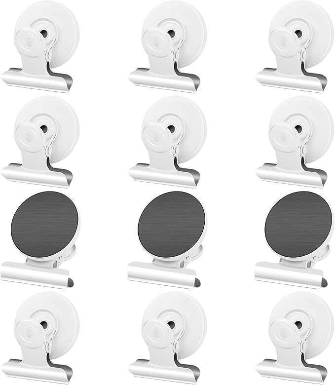 12Pack Magnetic Clips Heavy Duty, Magnet Clips for Fridge, Refrigerator Magnets with Clips, No-Scratch Strong Magnetic Clips Display Paper Fasteners on Home& Office& Teaching (White)