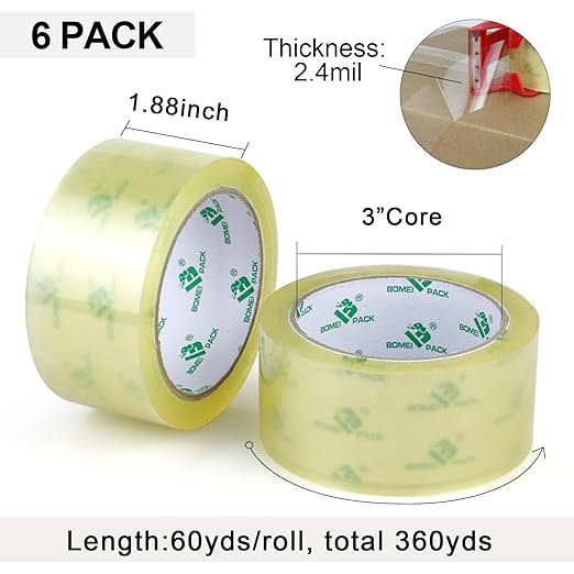 BOMEI PACK 6Rolls Clear Yellowish Packing Tape Refills, 2.4 Mil 1.88 Inch x 60 Yards, Packaging Tape with Dispenser for Moving, Shipping and Storage