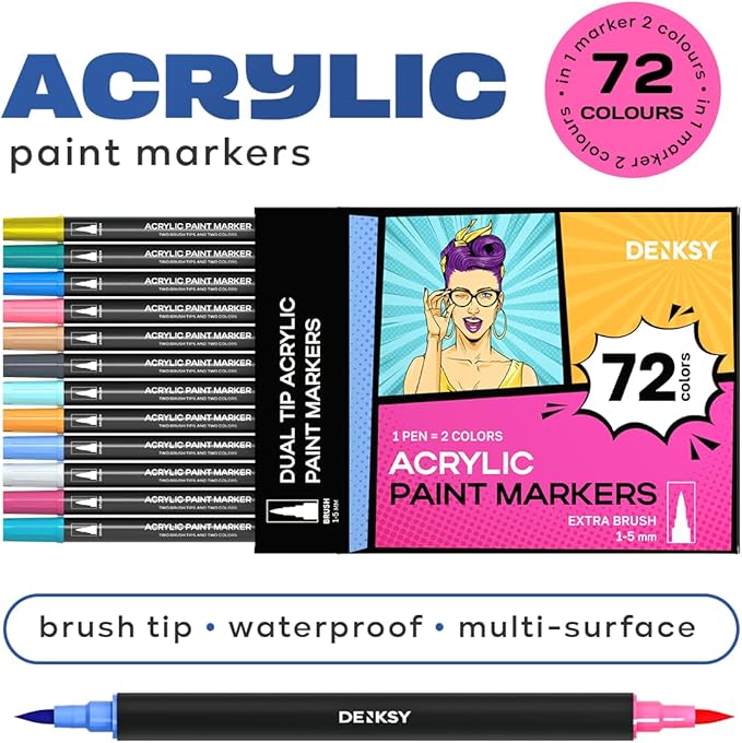 Acrylic paint pens create art – Dual Brush Tip Acrylic Markers Set, Waterproof Quick-Drying Ink for Rock Painting, Glass, Wood, Fabric (72)