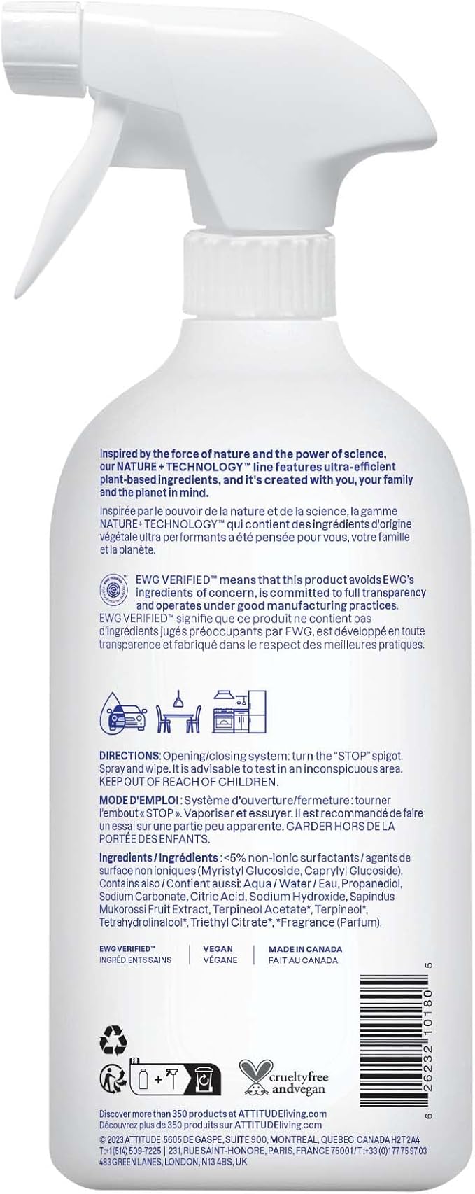 ATTITUDE All Purpose Cleaner Spray, EWG Verified, Vegan, Made with 94% Plant-Based Ingredients, Streak-Free for Kitchen, Bathroom, Glass & More, Citrus Zest Scent, 27.1 Fl Oz