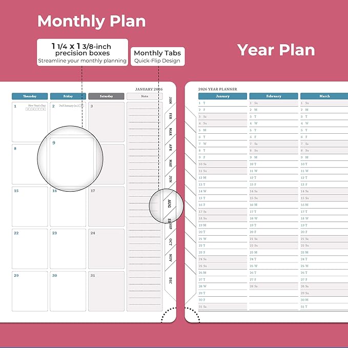 IN-LUXPRO Planner 2026 Daily Weekly and Monthly,11.5"x8.5",12 Months Spiral Bound Calendar Agenda with Self-adhesive Pen Holder,2026 Appointment Book with Vegan Leather Soft Cover,Rose Red