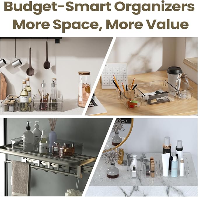 5 PCS Clear Plastic Drawer Organizer Set, 2 Sizes Acrylic Drawer Storage Trays Non Slip Storage Bins for Makeup, Jewelry, Gadgets for Kitchen, Bedroom, Bathroom, Office