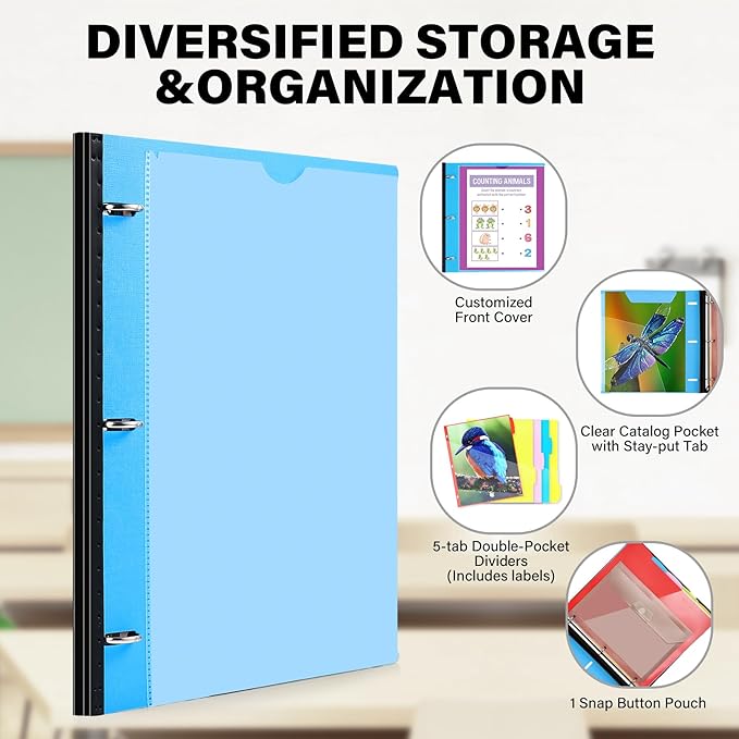WOT I Telescoping Project Organizer 2-Pack, Refillable Binder with Dividers and Pockets, 13 Pocket Folders, 1 Inch 3 Ring Binder, Blue