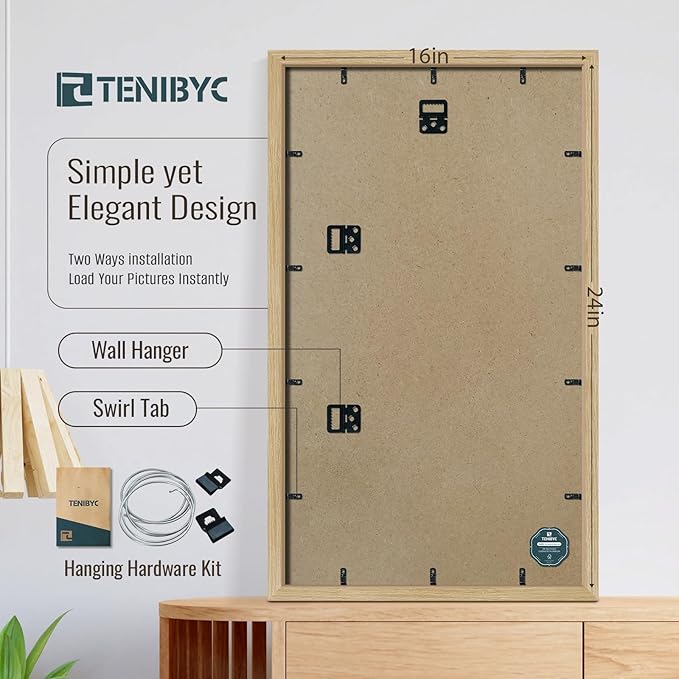 16x24 Frame Set of 3, Natural Oak Wood Grain, Wall Hanging Picture Frame for Photos, Posters, Paintings & Puzzles