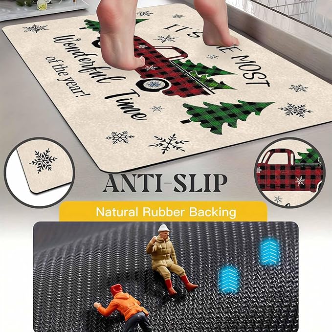 Merry Christmas Buffalo Plaid Truck Doormat Welcome Tree Mat Non Slip Holiday Xmas Front Door Mat for Entrance Indoor Home Bathroom Floor Decoration, 16" x 24" Inch
