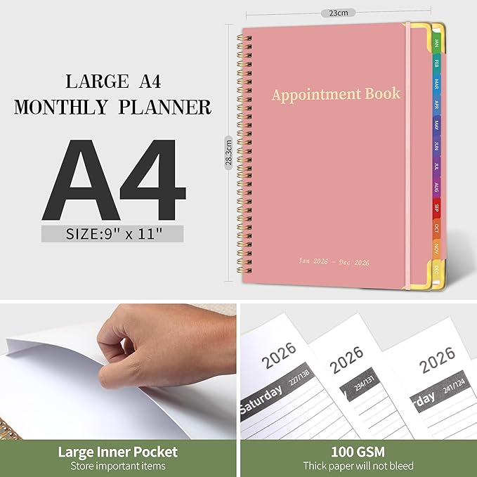 2026 Appointment Book/Planner - 2026 Daily Hourly Planner from Jan. 2026 - Dec. 2026, Weekly appointment Book 2026, 2026 Hourly planner with 20-Minute Interval, 9" x 11", Twin-Wire Binding, Colorful Tabs, Pocket - Pink