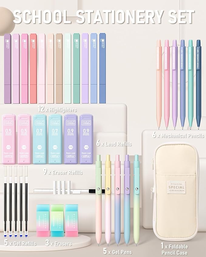 Four Candies 39 PCS Aesthetic School Supplies with Cute Pen Case, 12 Pastel Highlighters, 5 Black Ink Gel Pens, 6 Mechanical Pencils Set for Students Stationary College Essentials (Cream)