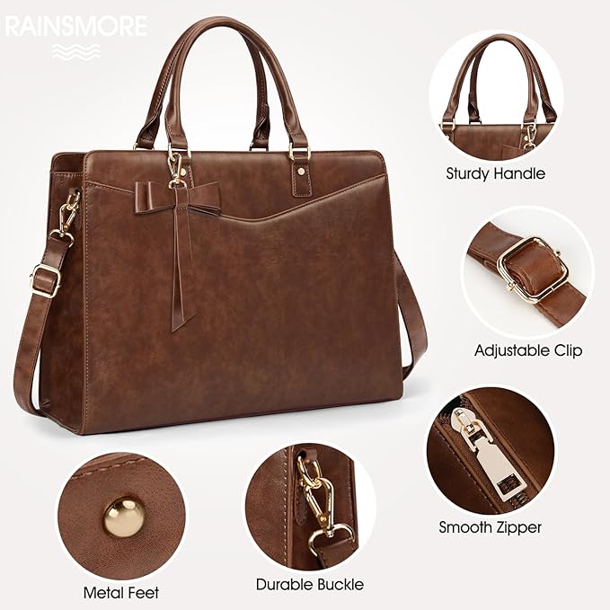 RAINSMORE Laptop Bag for Women 15.6 Inch PU Leather Laptop Tote Professional Business Office Work Bag Waterproof Briefcase Computer Tote Bag Large Lightweight Handbag Shoulder Bag
